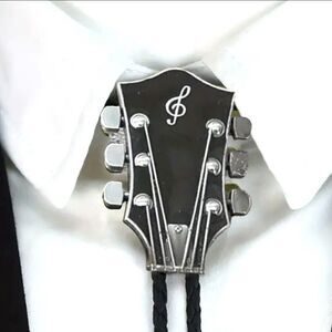 Black & Silver Texas Western Cowboy Guitar Neck Bollo Tie - Braided Cord